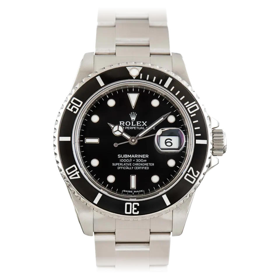 Rolex Submariner Date 16800 with a black dial, date window and black aluminium bezel insert on a steel Oyster bracelet, a pre-owned example, front view of the whole watch