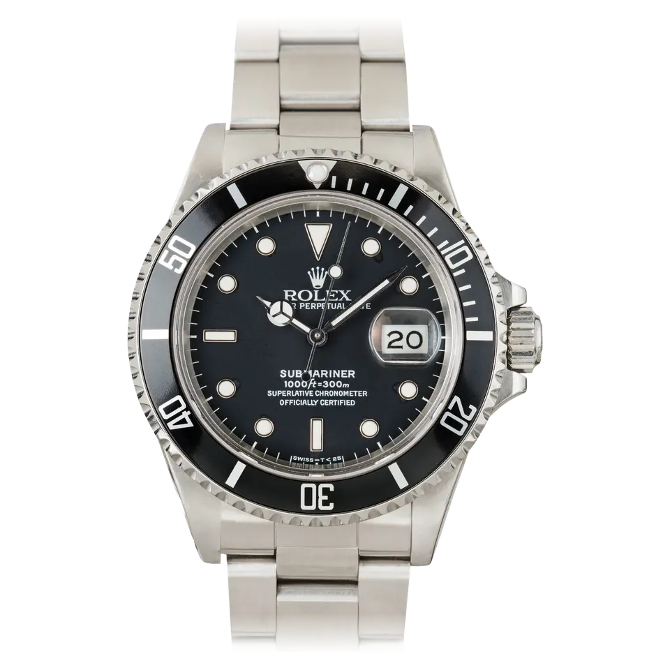Rolex Submariner Date 168000 with a black dial, date window and black aluminium bezel insert on a steel Oyster bracelet, a pre-owned example, front view of the whole watch