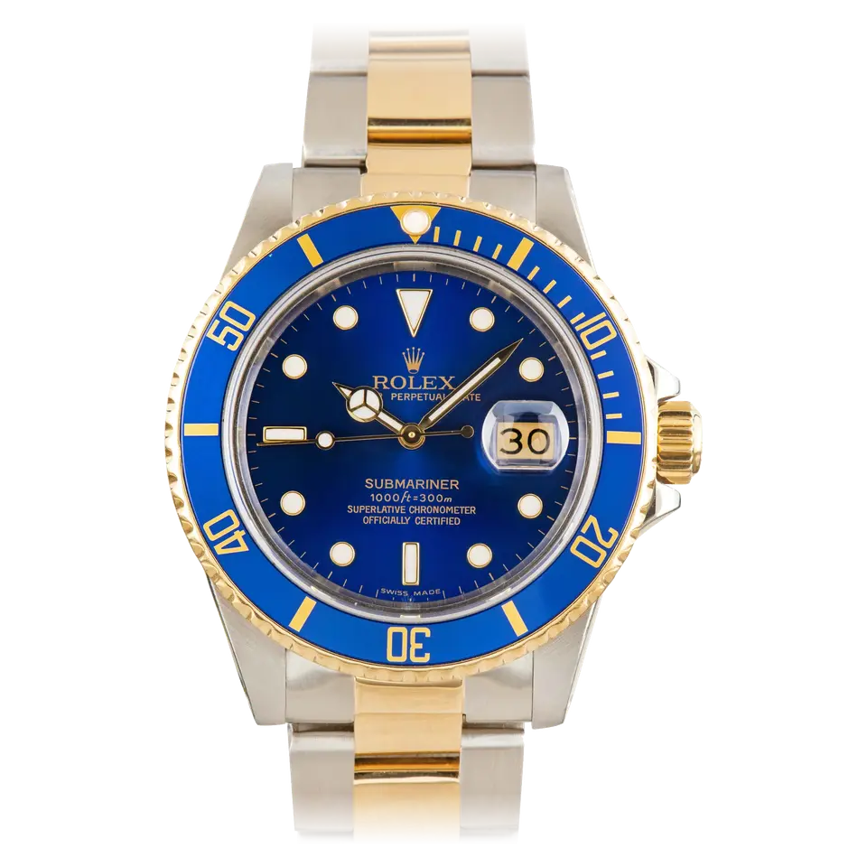 Rolex Submariner Date 16803 with a blue dial and blue bezel insert in steel and yellow gold on an Oyster bracelet, a pre-owned example, front view of the whole watch