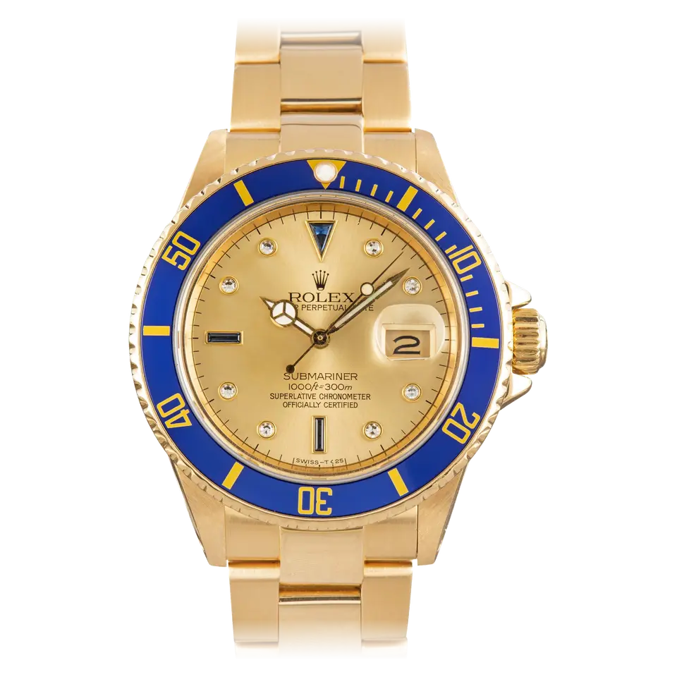 Rolex Submariner Date 16808 with a champagne dial with gem-set markers and blue bezel in yellow gold on an Oyster bracelet, a pre-owned example, front view of the whole watch