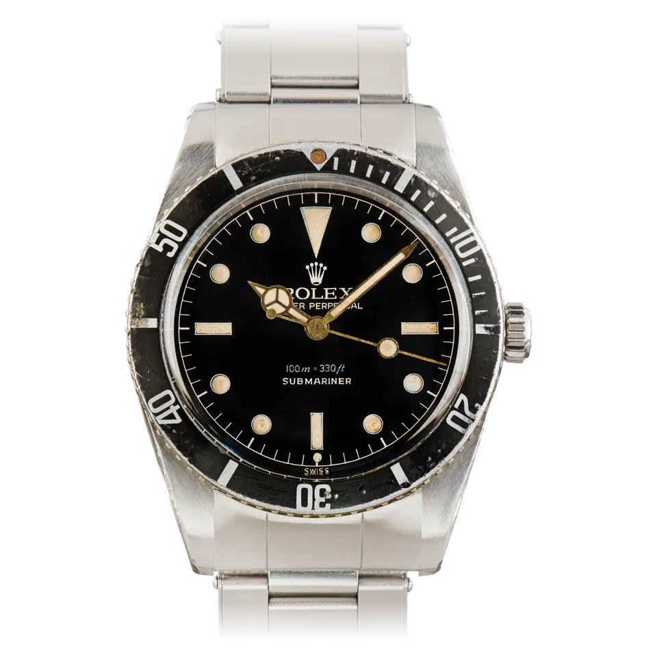 Rolex Submariner 5508 with a black dial and black bezel insert on a steel Oyster bracelet, a pre-owned example, front view of the whole watch