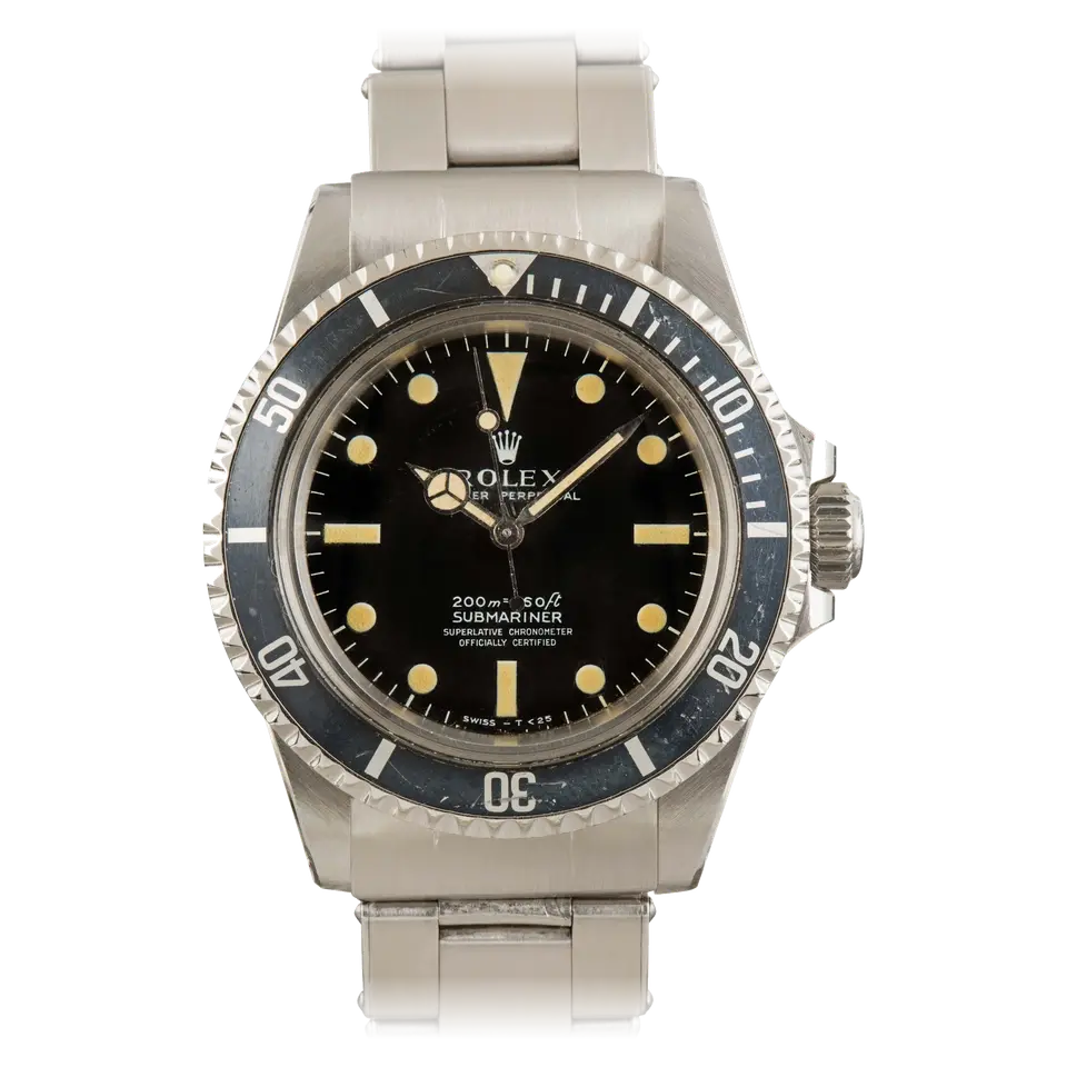 Rolex Submariner 5512 with a black dial and black bezel insert with crown guards on a steel Oyster bracelet, a pre-owned example, front view of the whole watch