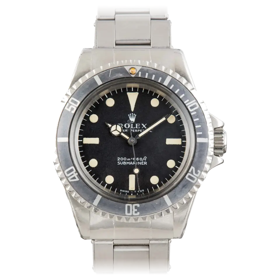 Rolex Submariner 5513 with a black dial and faded black bezel insert on a steel Oyster bracelet, a pre-owned example, front view of the whole watch