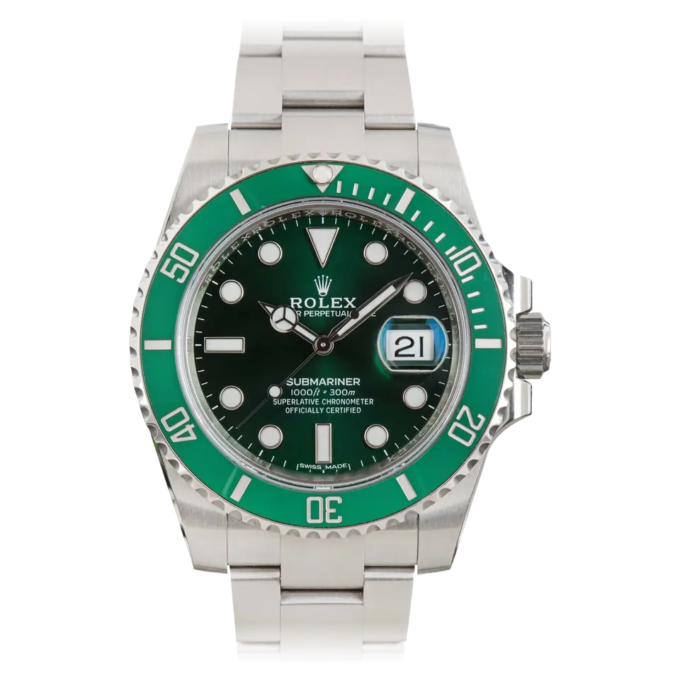 Rolex Submariner Date 116610LV (Hulk) with a green dial and green ceramic bezel on a steel Oyster bracelet, a pre-owned example, front view of the whole watch