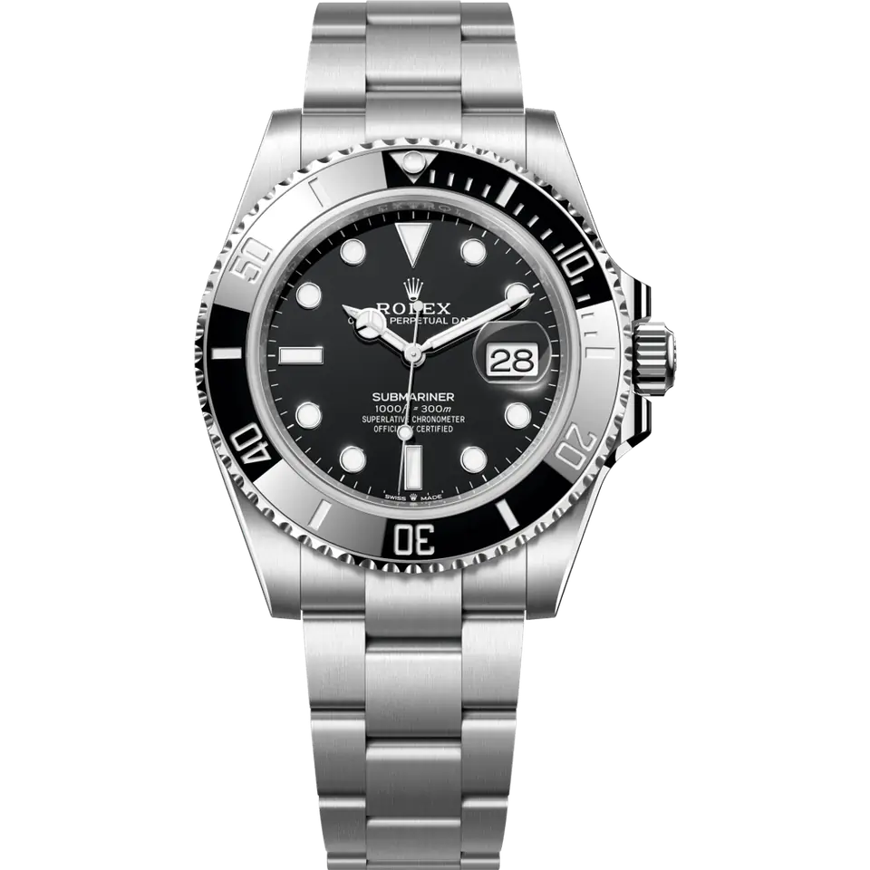 Rolex Submariner Date 126610LN with a black dial, date window and black ceramic bezel on a steel Oyster bracelet, front view