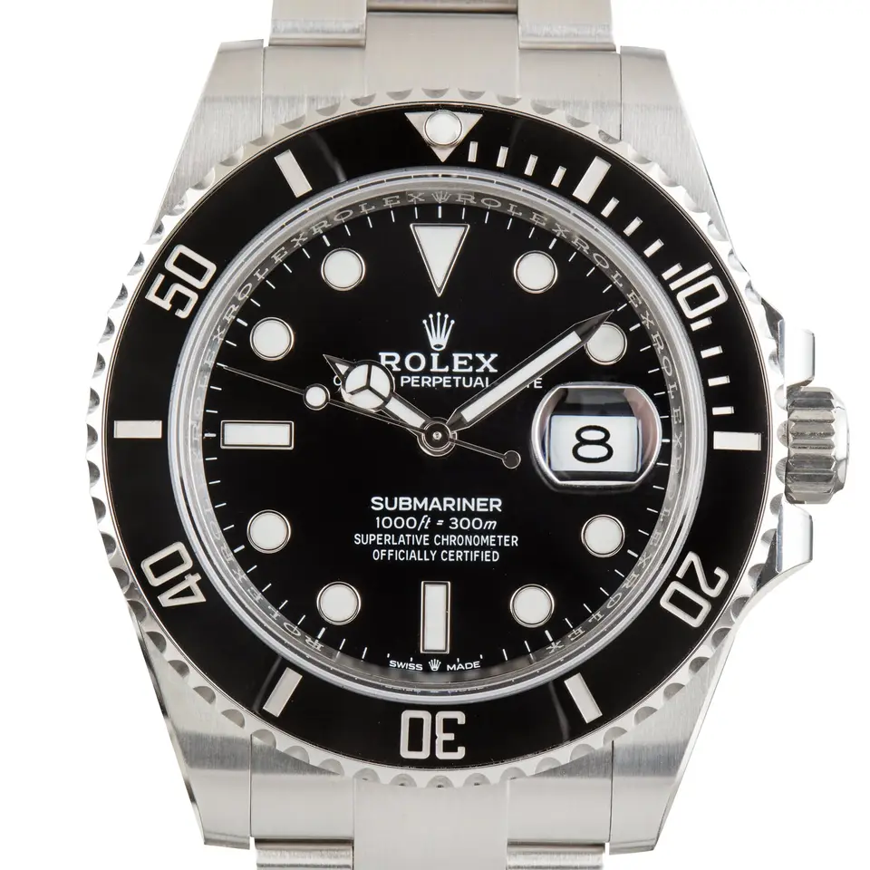 Rolex Submariner Date 126610LN with a black dial, date window and black ceramic bezel, a pre-owned example, studio close-up of the case