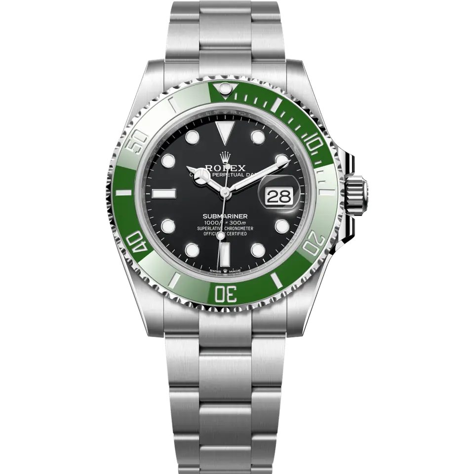 Rolex Submariner Date 126610LV with a black dial and green ceramic bezel on a steel Oyster bracelet, front view