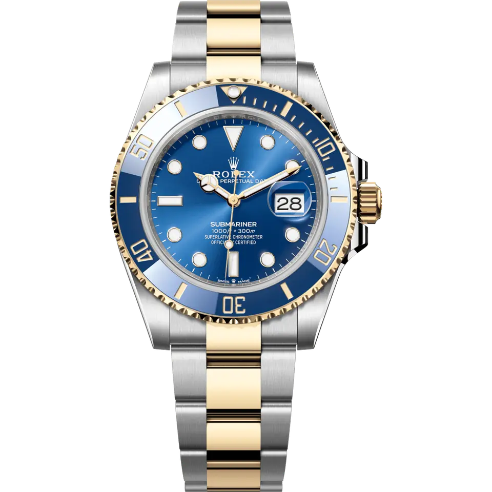 Rolex Submariner Date 126613LB with a royal blue dial and blue ceramic bezel, in steel and yellow gold on an Oyster bracelet, front view