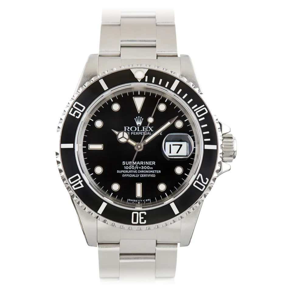 Rolex Submariner Date 16610 with a black dial, black aluminium bezel insert and date window on a steel Oyster bracelet, a pre-owned example, front view of the whole watch