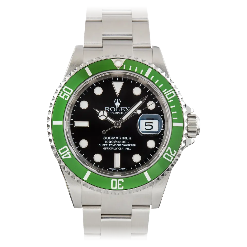 Rolex Submariner Date 16610LV with a black dial and green aluminium bezel insert on a steel Oyster bracelet, a pre-owned example, front view of the whole watch