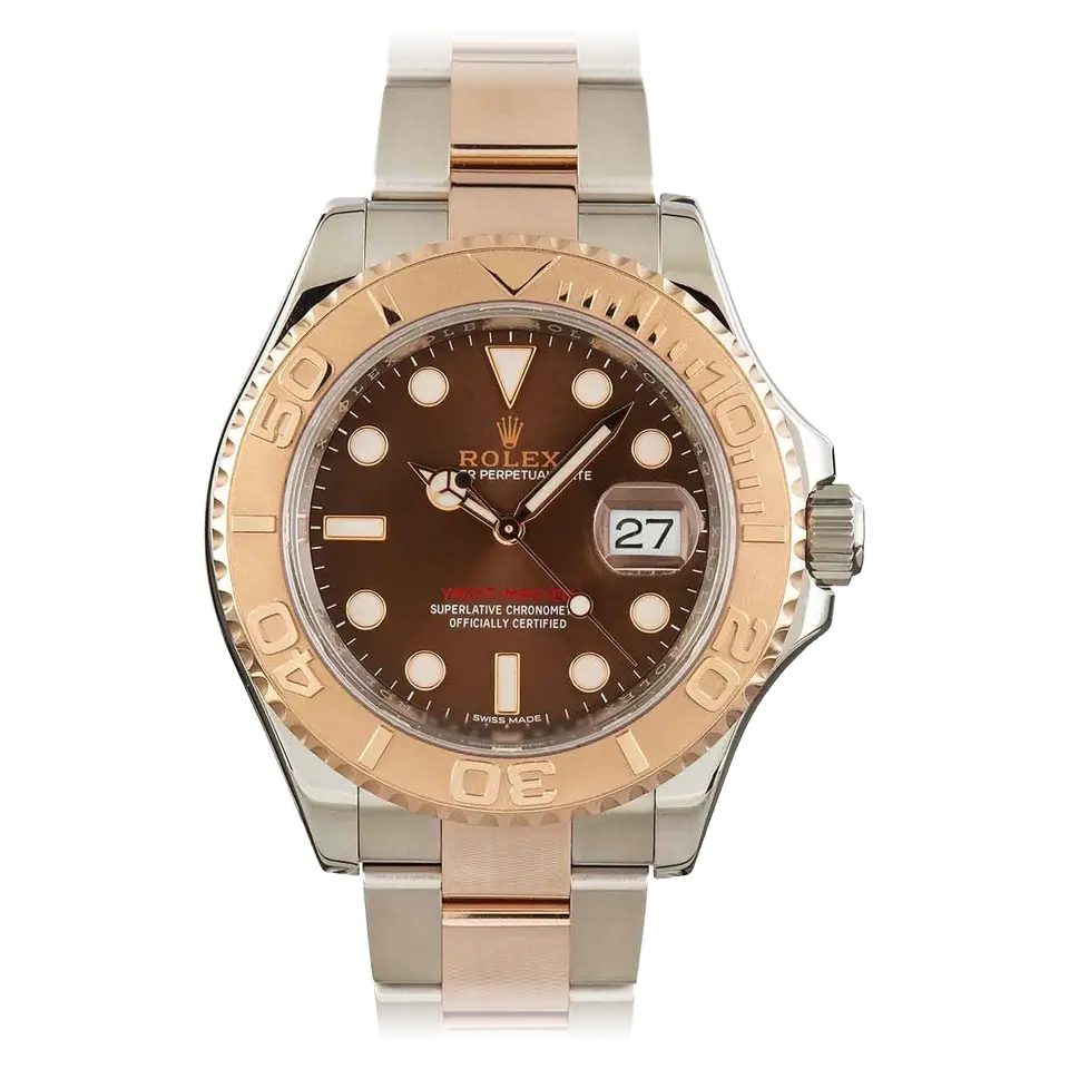 Rolex Yacht-Master 116621 with a chocolate dial and Everose bezel in steel and Everose gold on an Oyster bracelet, a pre-owned example, front view of the whole watch