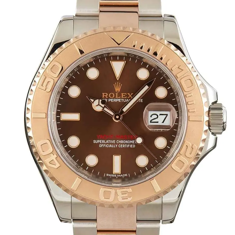 Rolex Yacht-Master 116621 with a chocolate dial and Everose bezel in steel and Everose gold on an Oyster bracelet, a pre-owned example, studio close-up of the case