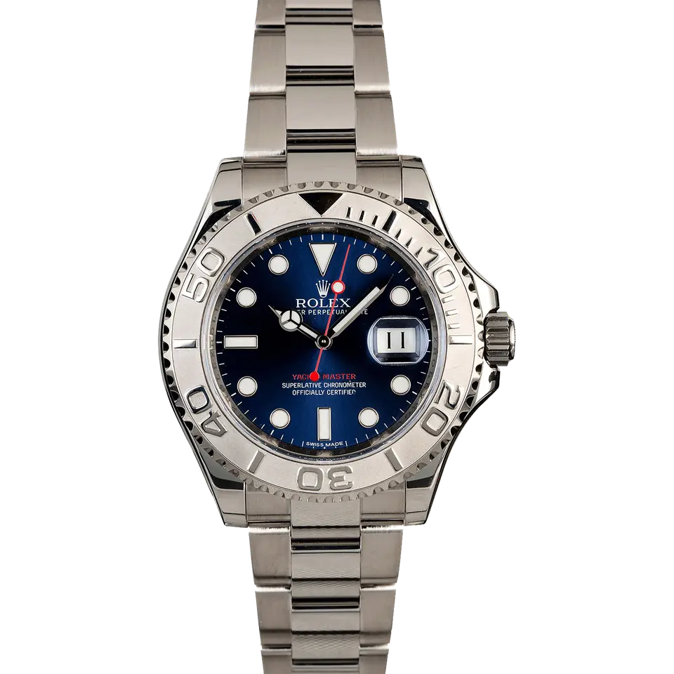 Rolex Yacht-Master 116622 with a blue dial and platinum bezel in steel on an Oyster bracelet, a pre-owned example, front view of the whole watch