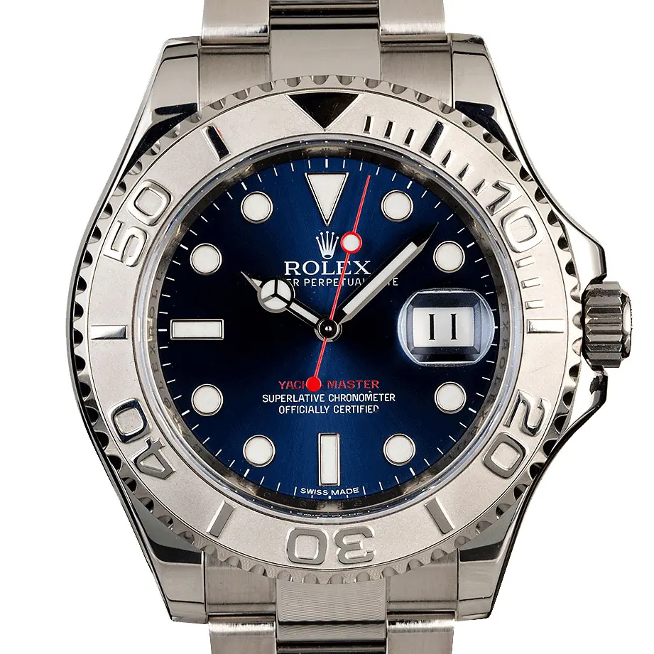Rolex Yacht-Master 116622 with a blue dial and platinum bezel in steel on an Oyster bracelet, a pre-owned example, studio close-up of the case