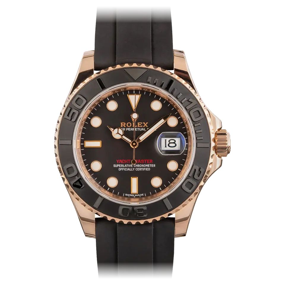 Rolex Yacht-Master 116655 with a black dial and matte black ceramic bezel in Everose gold on a black Oysterflex strap, a pre-owned example, front view of the whole watch