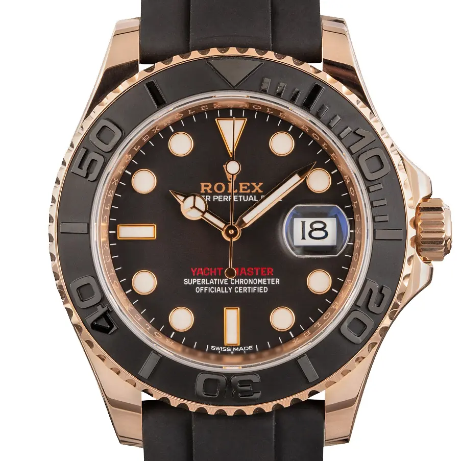 Rolex Yacht-Master 116655 with a black dial and matte black ceramic bezel in Everose gold on a black Oysterflex strap, a pre-owned example, studio close-up of the case