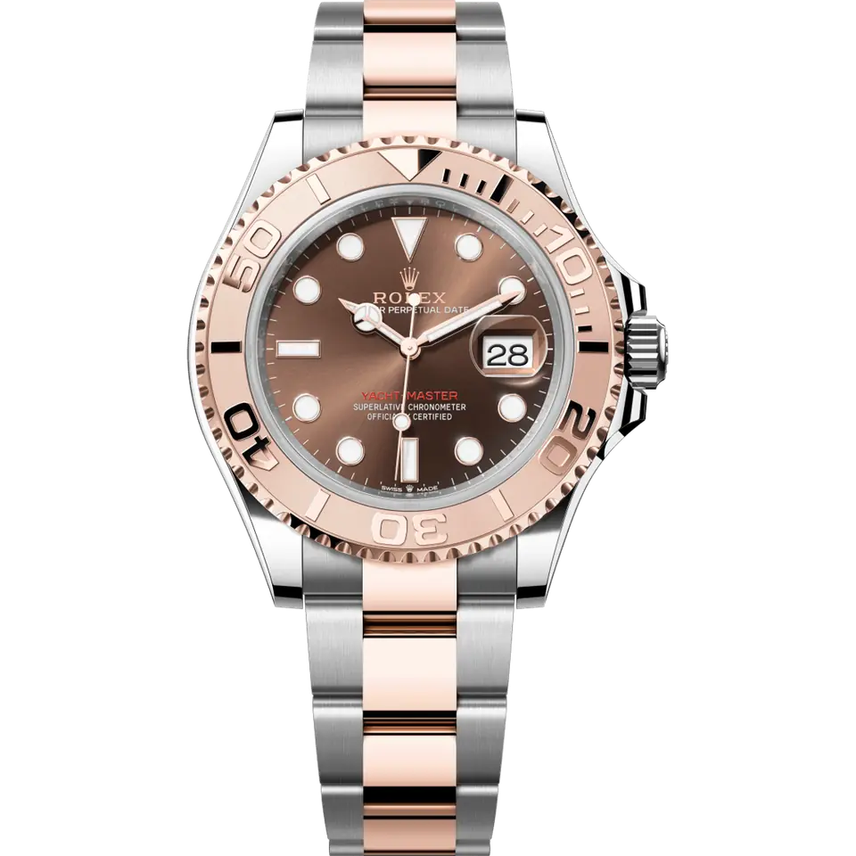 Rolex Yacht-Master 40 126621 with a chocolate dial and an Everose gold bezel with raised numerals on an Everose Rolesor Oyster bracelet, front view