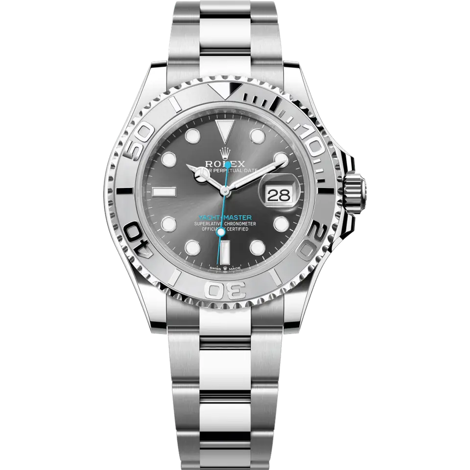 Rolex Yacht-Master 40 126622 with a slate dial and a platinum bezel with raised numerals on an Oyster bracelet, front view