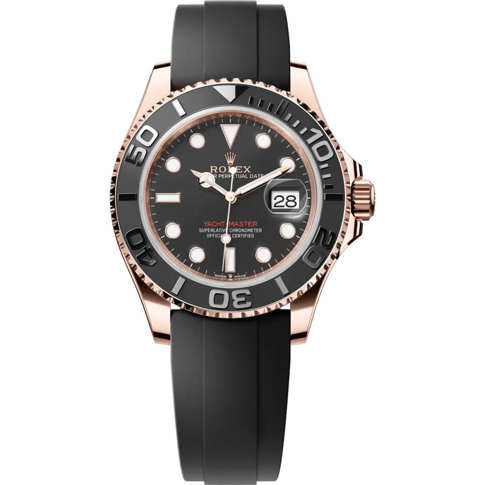 Rolex Yacht-Master 40 126655 with a black dial and a black ceramic bezel on a black Oysterflex strap, front view