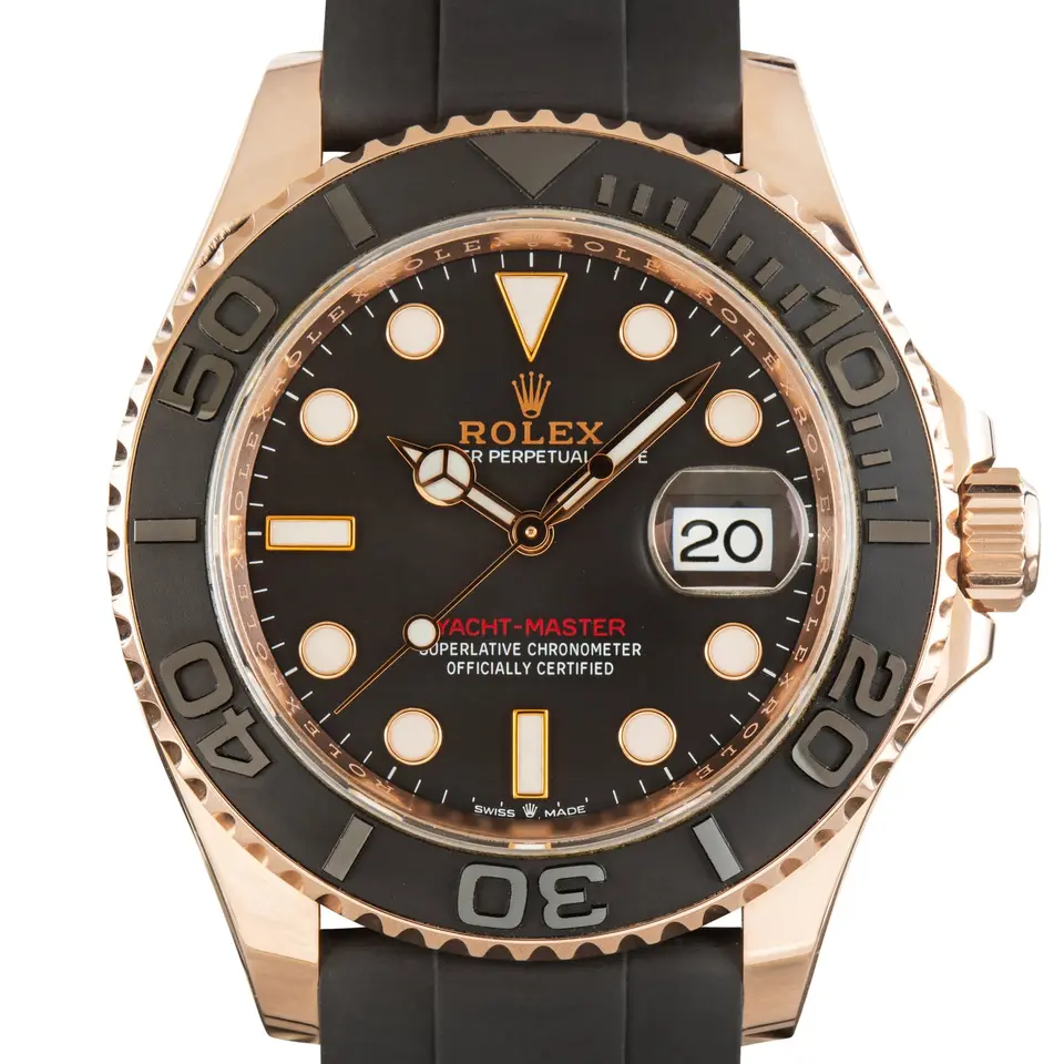 Rolex Yacht-Master 40 126655 with a black dial and a black ceramic bezel, a pre-owned example, studio close-up of the case