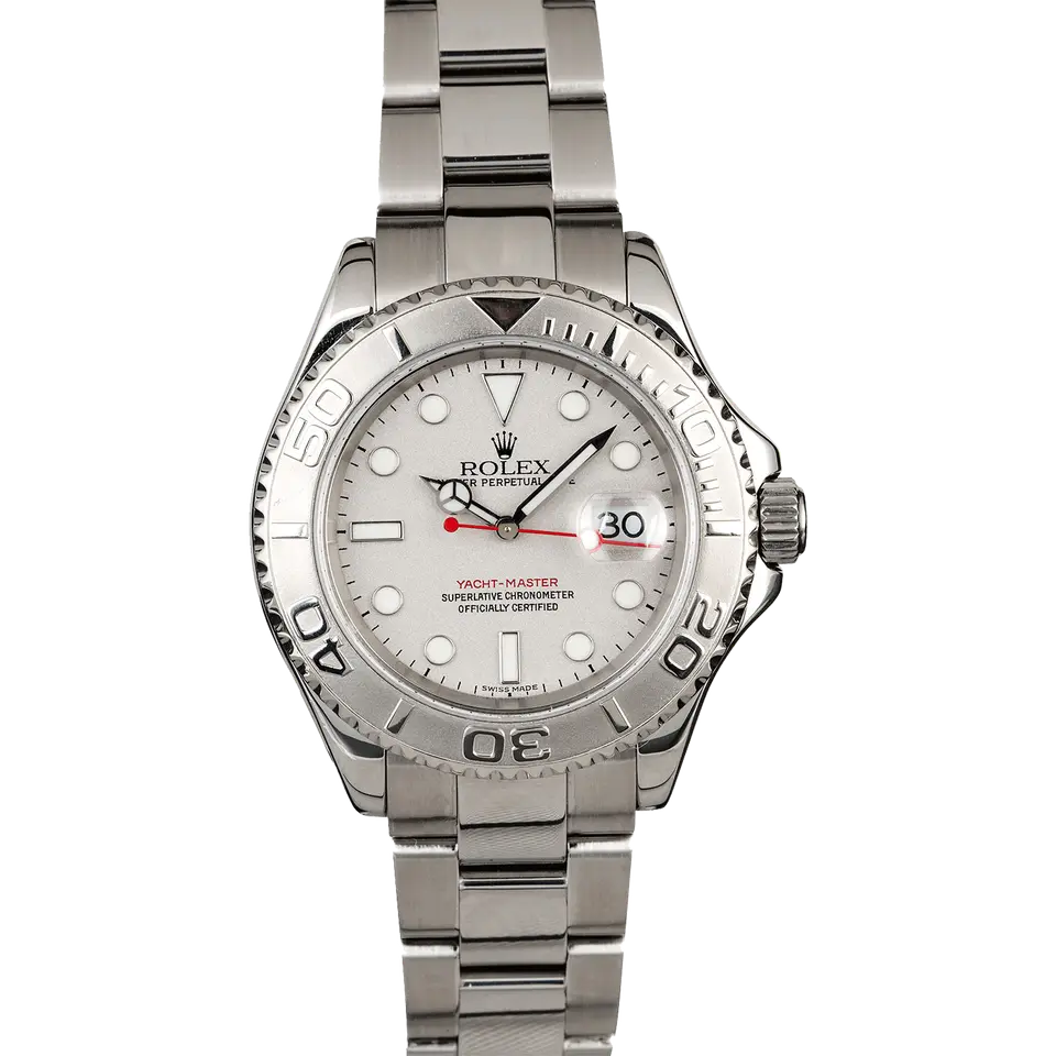 Rolex Yacht-Master 16622 with a platinum dial and platinum bezel in steel on an Oyster bracelet, a pre-owned example, front view of the whole watch