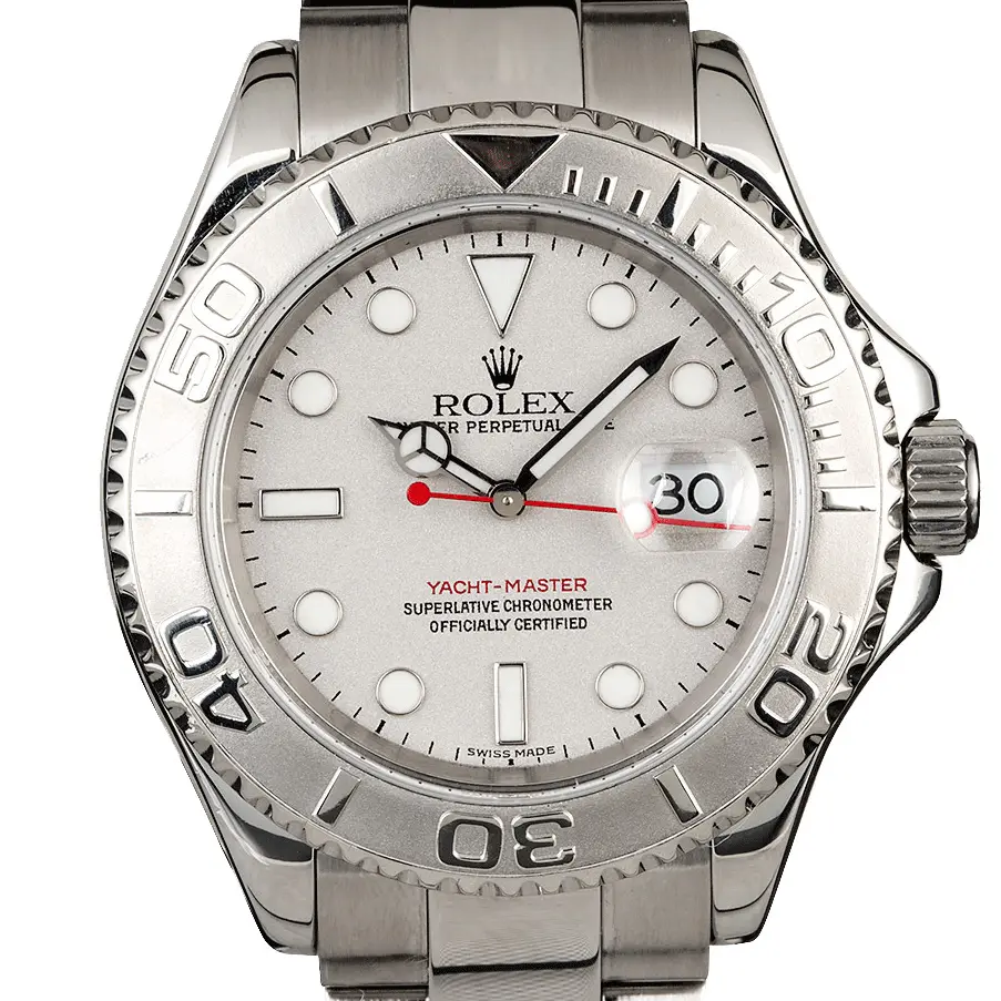 Rolex Yacht-Master 16622 with a platinum dial and platinum bezel in steel on an Oyster bracelet, a pre-owned example, studio close-up of the case