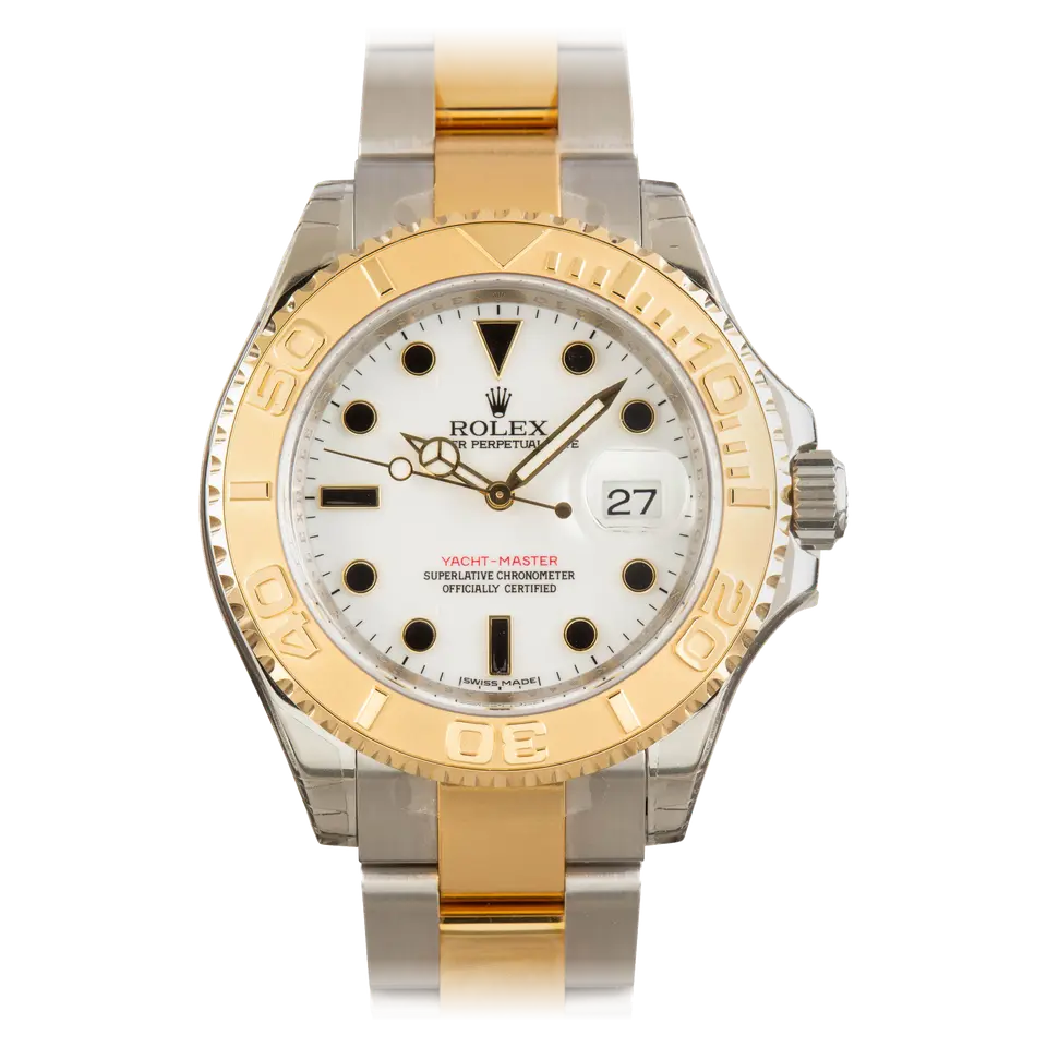Rolex Yacht-Master 16623 with a white dial and yellow gold bezel in steel and yellow gold on an Oyster bracelet, a pre-owned example, front view of the whole watch