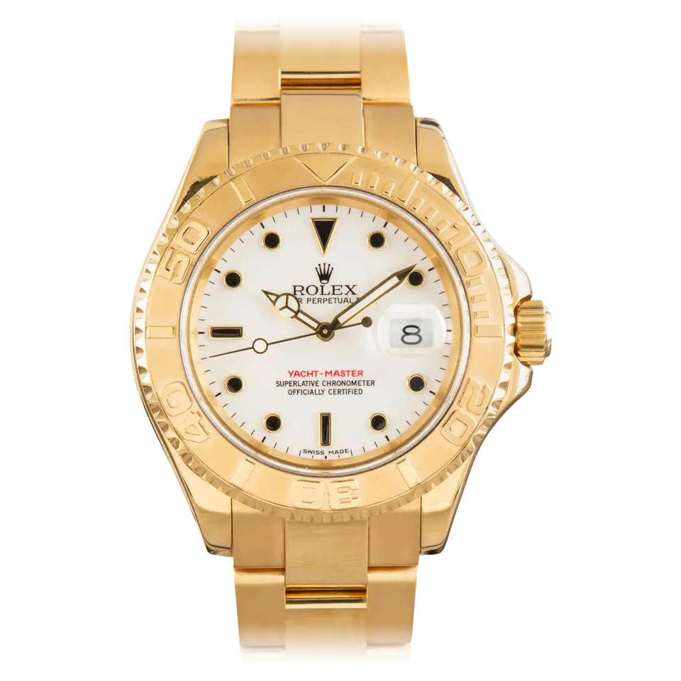 Rolex Yacht-Master 16628 with a white dial and raised yellow gold bezel in yellow gold on an Oyster bracelet, a pre-owned example, front view of the whole watch