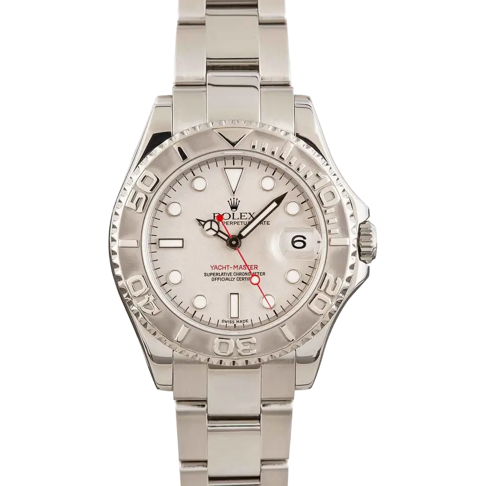 Rolex Yacht-Master 168622 with a platinum dial and platinum bezel in steel on an Oyster bracelet, a pre-owned example, front view of the whole watch