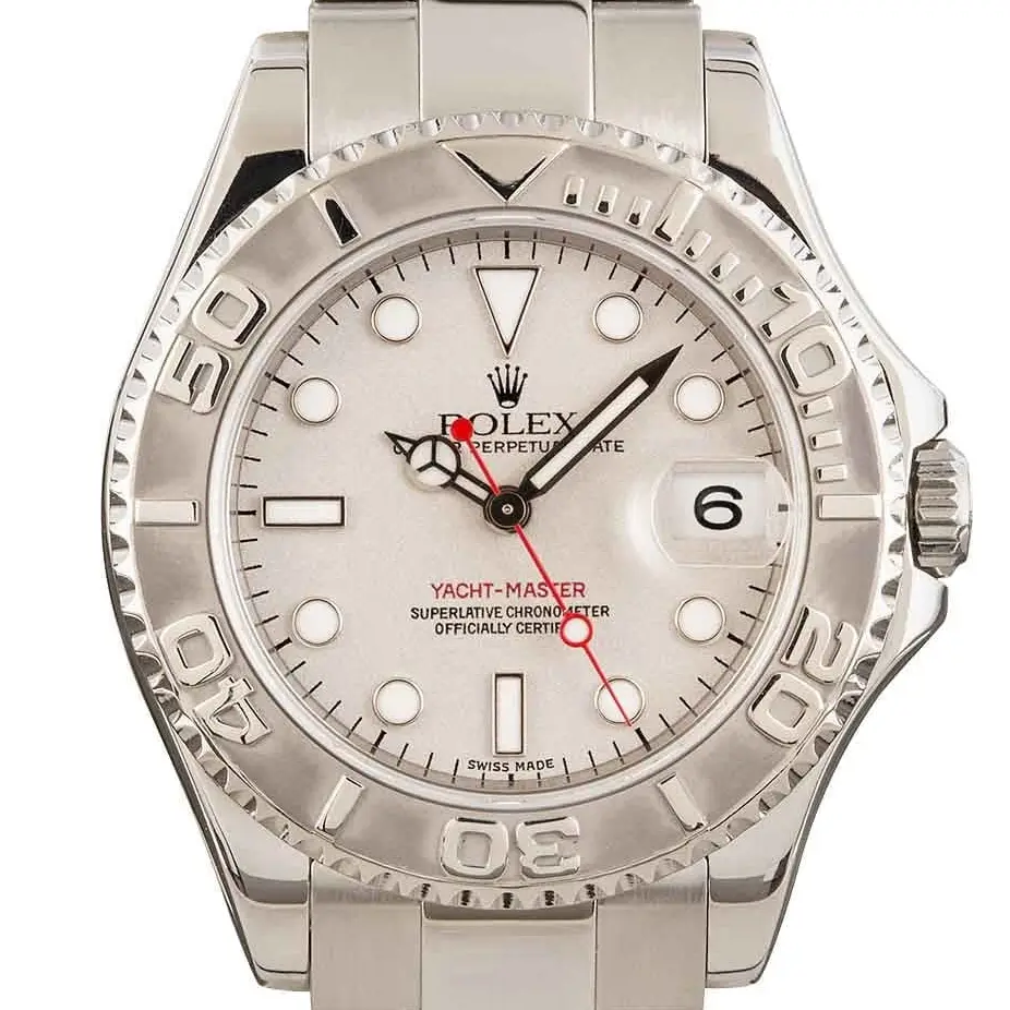 Rolex Yacht-Master 168622 with a platinum dial and platinum bezel in steel on an Oyster bracelet, a pre-owned example, studio close-up of the case