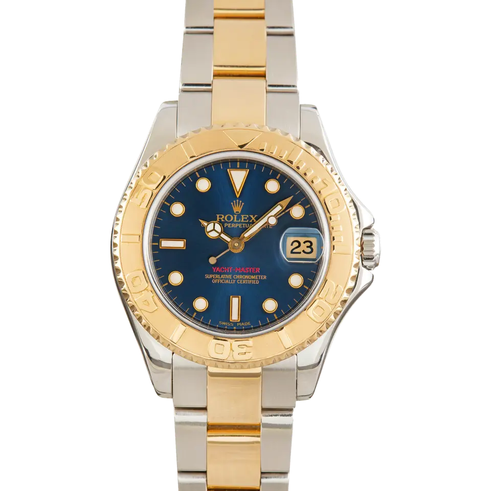 Rolex Yacht-Master 168623 with a blue dial and yellow gold bezel in steel and yellow gold on an Oyster bracelet, a pre-owned example, front view of the whole watch