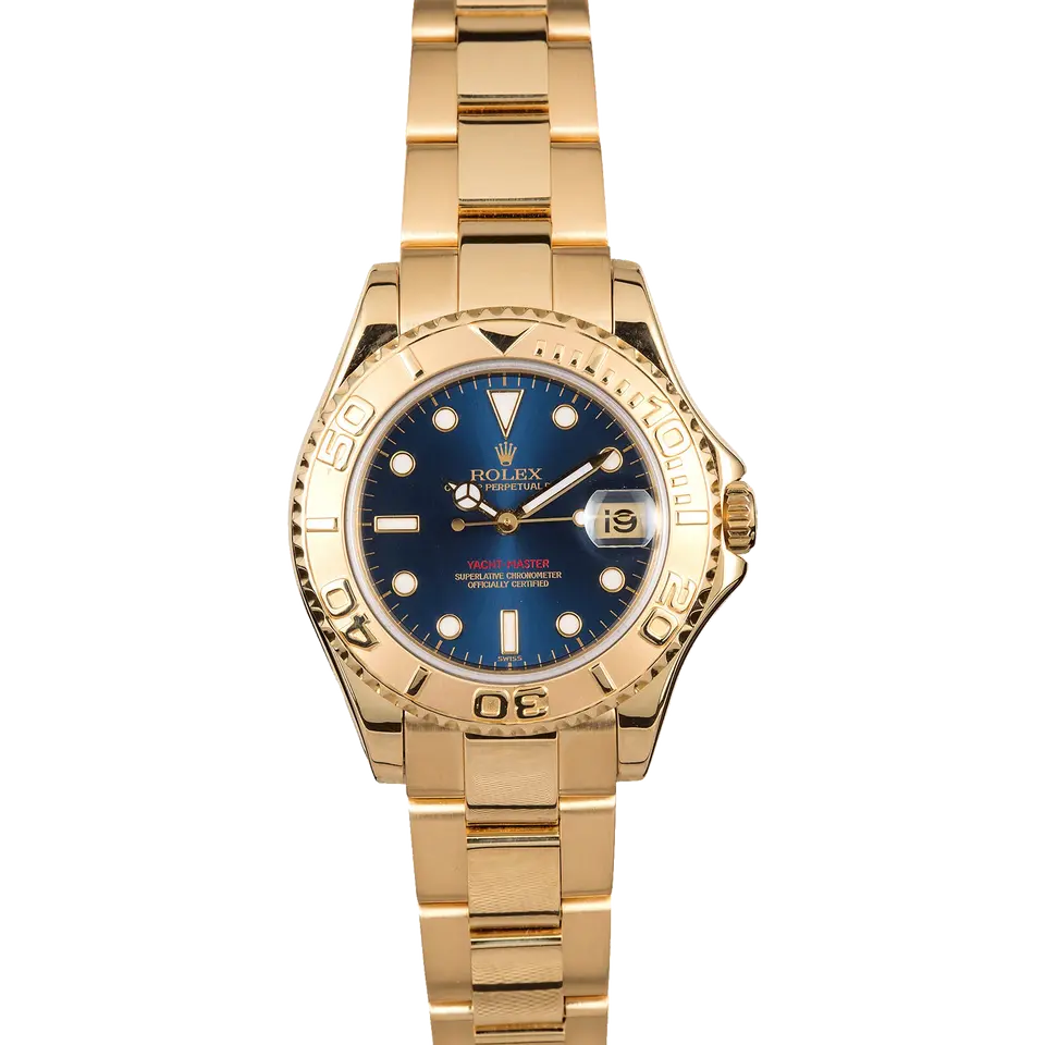 Rolex Yacht-Master 35 168628 with a blue dial, yellow gold rotating bezel and yellow gold Oyster bracelet, a pre-owned example, front view of the whole watch