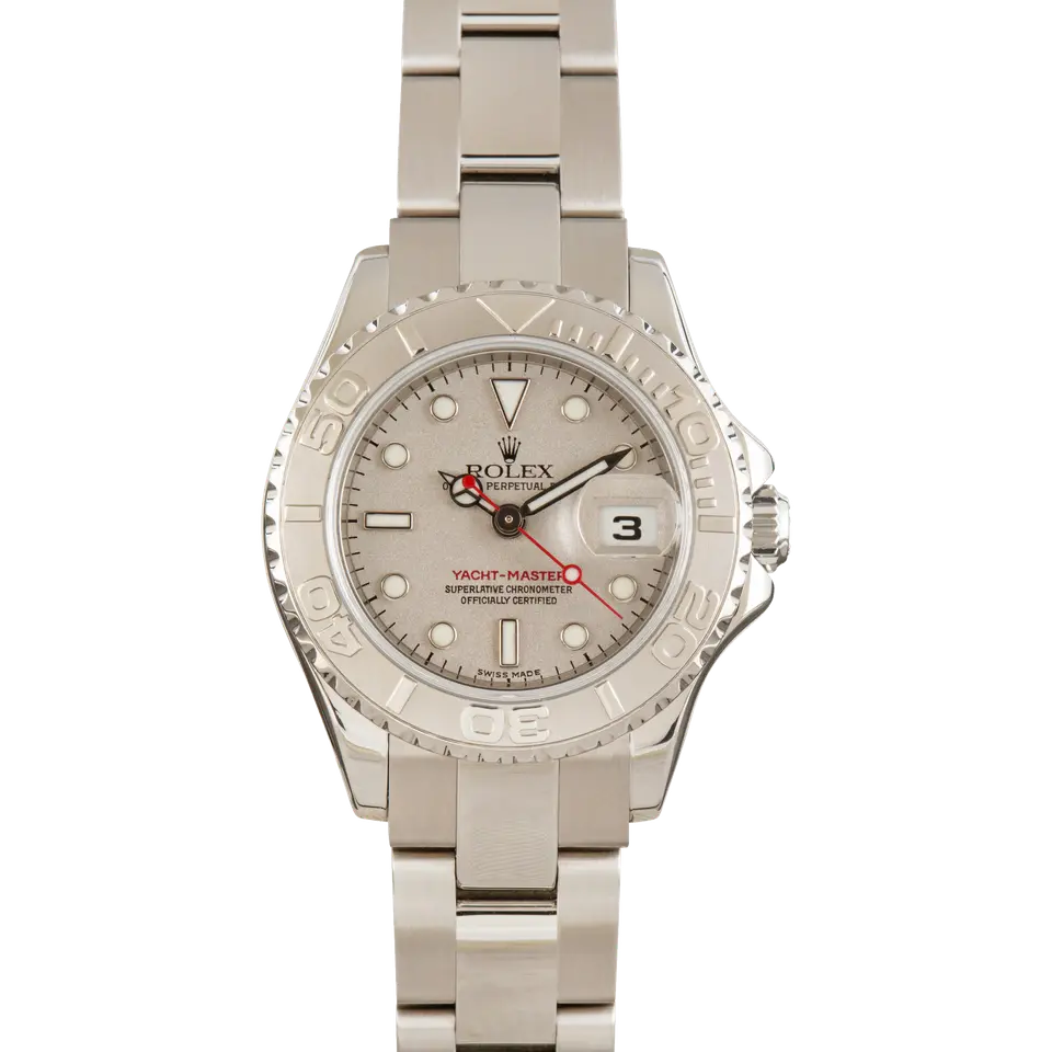 Rolex Yacht-Master 169622 with a platinum dial and platinum bezel in steel on an Oyster bracelet, a pre-owned example, front view of the whole watch