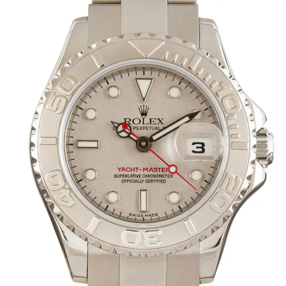 Rolex Yacht-Master 169622 with a platinum dial and platinum bezel in steel on an Oyster bracelet, a pre-owned example, studio close-up of the case
