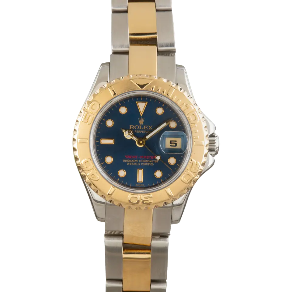 Rolex Yacht-Master 169623 with a blue dial, yellow gold rotating bezel and steel and gold Oyster bracelet, a pre-owned example, front view of the whole watch