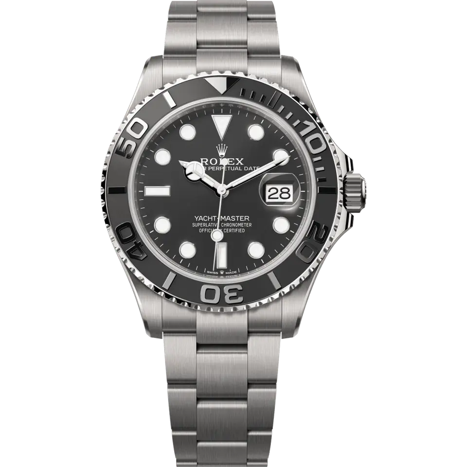 Rolex Yacht-Master 42 226627 with a black dial and a black ceramic bezel on an RLX titanium Oyster bracelet, front view