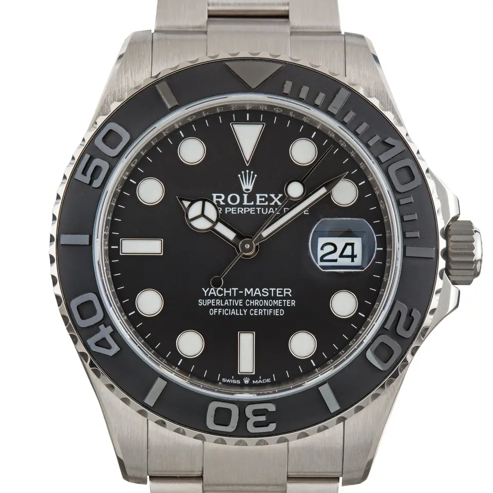 Rolex Yacht-Master 42 226627 with a black dial and a black ceramic bezel, a pre-owned example, studio close-up of the case