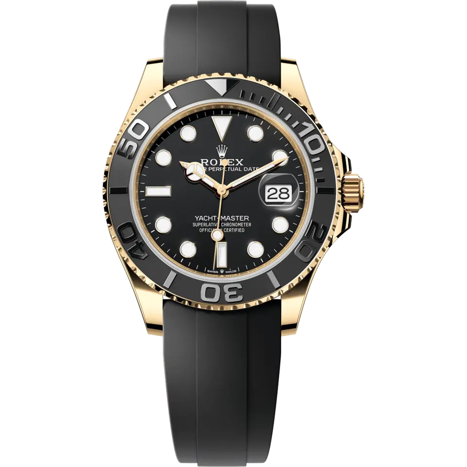 Rolex Yacht-Master 42 226658 with a black dial and a black ceramic bezel on a black Oysterflex strap, front view