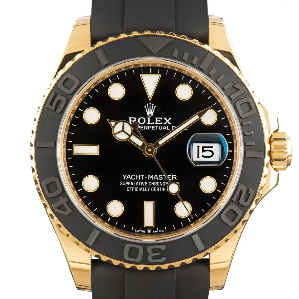 Rolex Yacht-Master 42 226658 with a black dial and a black ceramic bezel, a pre-owned example, studio close-up of the case