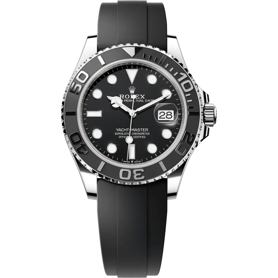 Rolex Yacht-Master 42 226659 with a black dial and a black ceramic bezel on a black Oysterflex strap, front view
