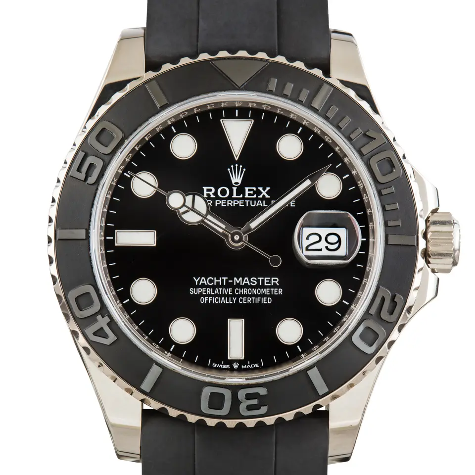 Rolex Yacht-Master 42 226659 with a black dial and a black ceramic bezel, a pre-owned example, studio close-up of the case