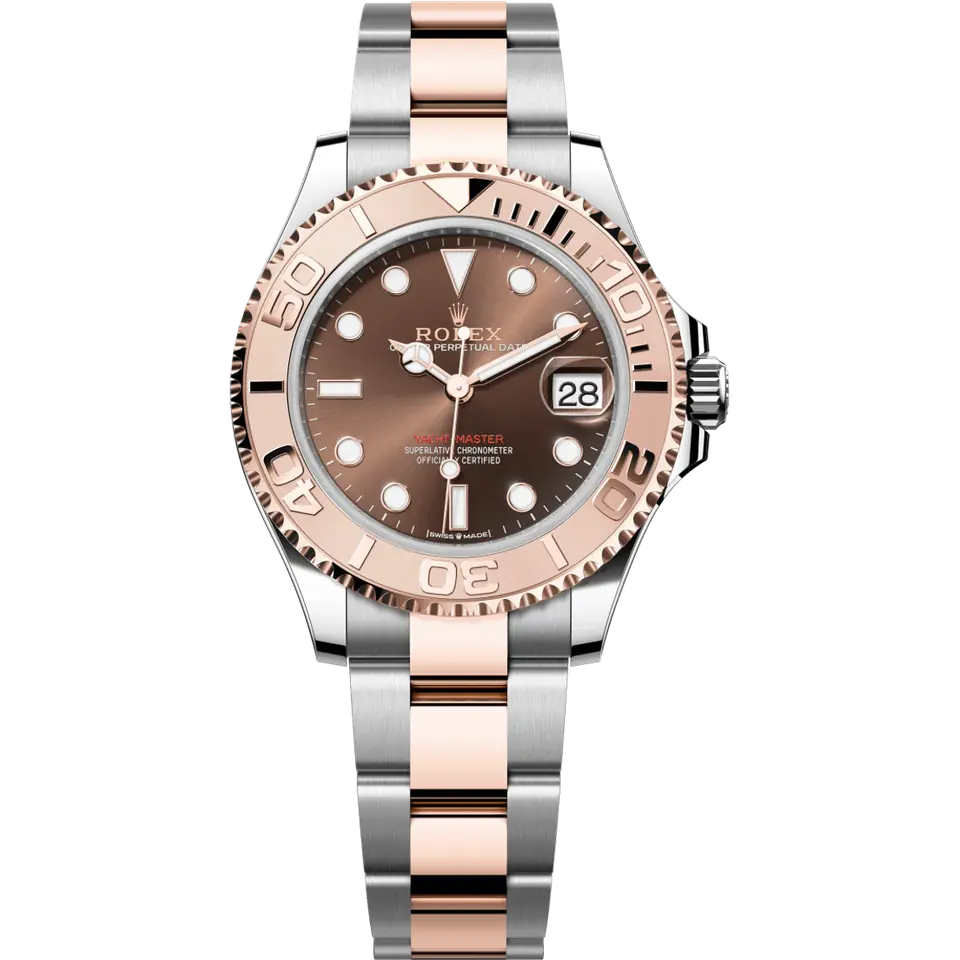 Rolex Yacht-Master 37 268621 with a chocolate dial and an Everose gold bezel with raised numerals on an Everose Rolesor Oyster bracelet, front view