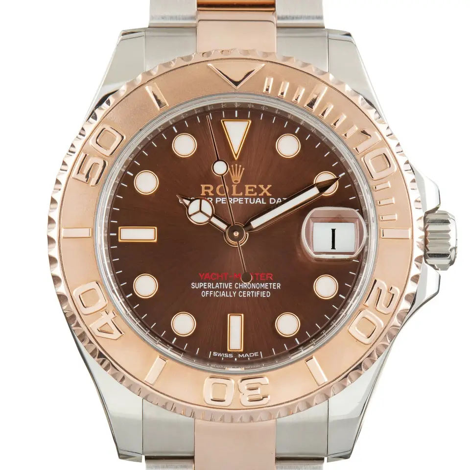 Rolex Yacht-Master 37 268621 with a chocolate dial and an Everose gold bezel with raised numerals, a pre-owned example, studio close-up of the case