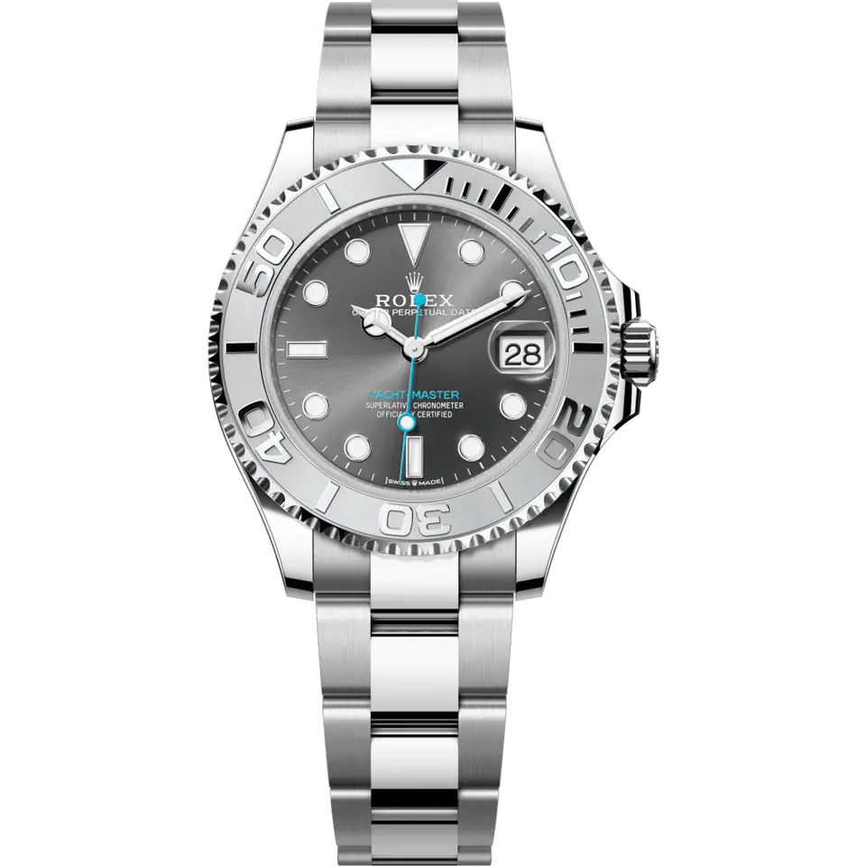 Rolex Yacht-Master 37 268622 with a slate dial and a platinum bezel with raised numerals on an Oyster bracelet, front view