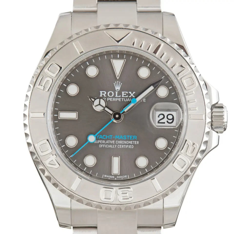 Rolex Yacht-Master 37 268622 with a slate dial and a platinum bezel with raised numerals, a pre-owned example, studio close-up of the case