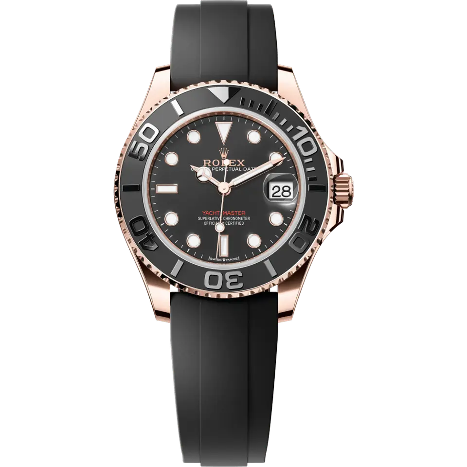 Rolex Yacht-Master 37 268655 with a black dial and a black ceramic bezel on a black Oysterflex strap, front view