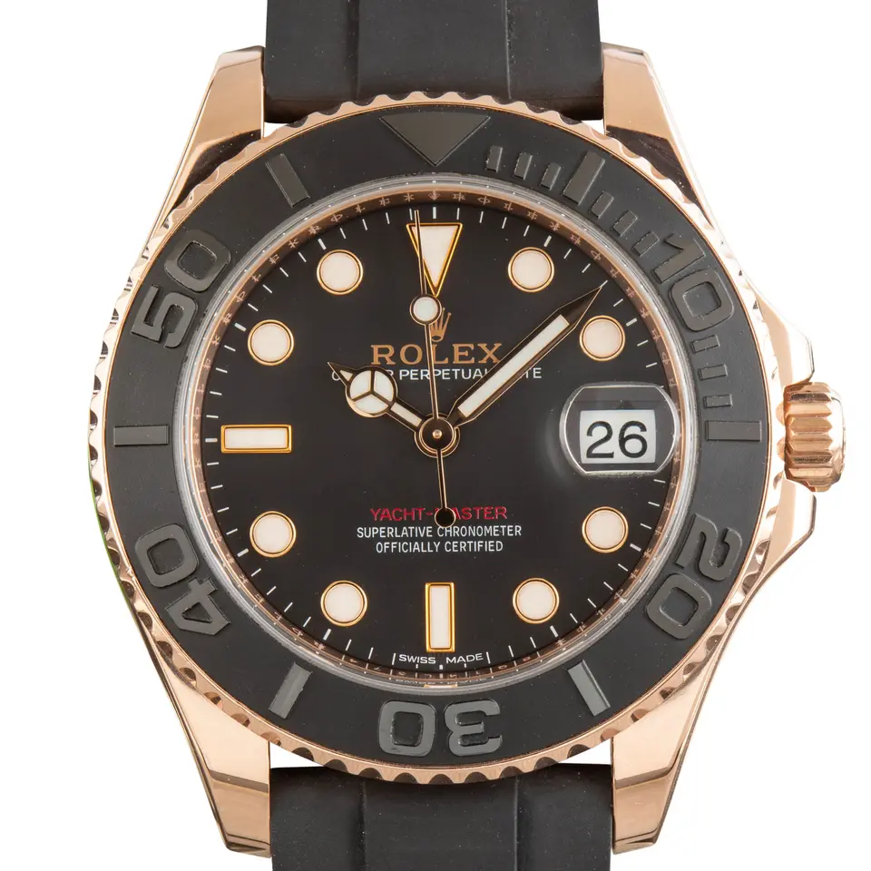 Rolex Yacht-Master 37 268655 with a black dial and a black ceramic bezel, a pre-owned example, studio close-up of the case