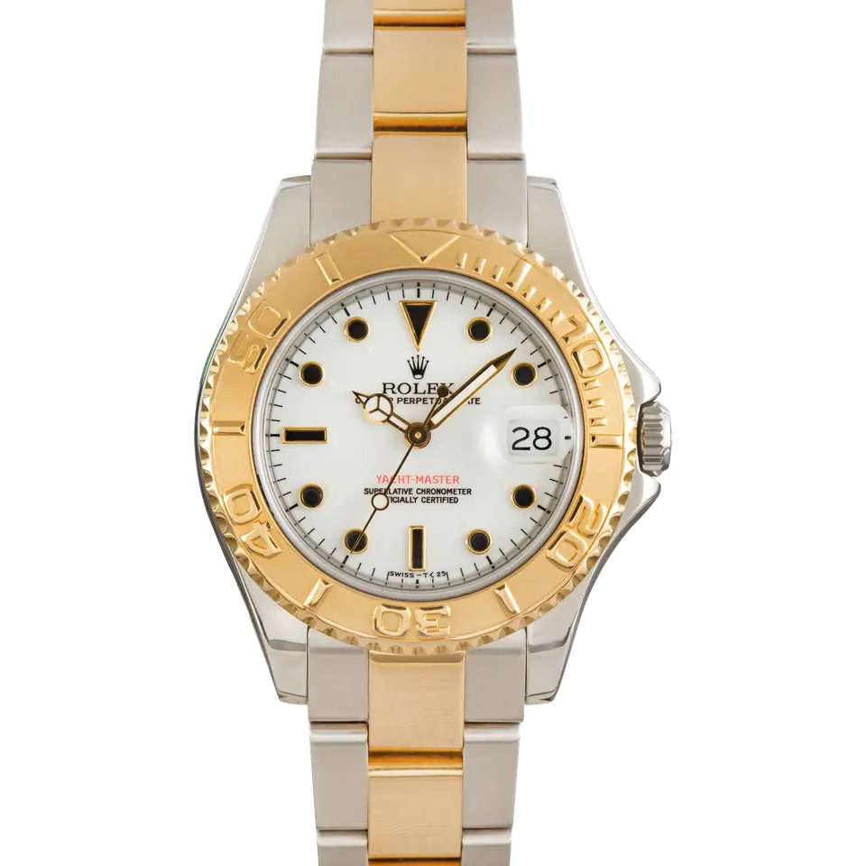 Rolex Yacht-Master 68623 with a white dial and yellow gold bezel in steel and yellow gold on an Oyster bracelet, a pre-owned example, front view of the whole watch