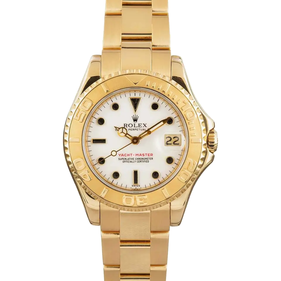 Rolex Yacht-Master 68628 with a white dial and yellow gold bezel in yellow gold on an Oyster bracelet, a pre-owned example, front view of the whole watch