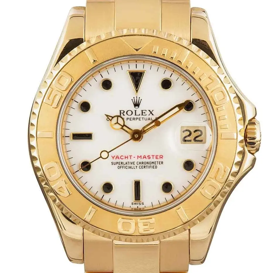 Rolex Yacht-Master 68628 with a white dial and yellow gold bezel in yellow gold on an Oyster bracelet, a pre-owned example, studio close-up of the case